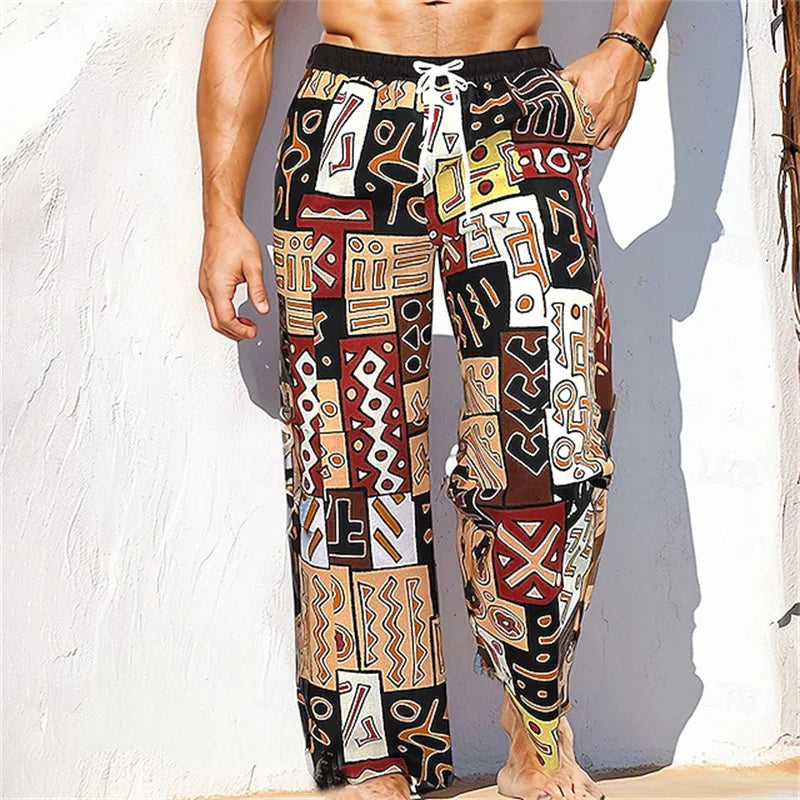 Men's Casual Patchwork Print Drawstring Straight-Leg Pants Relaxed Fit Hawaiian Vacation Trousers Comfortable And Breathable