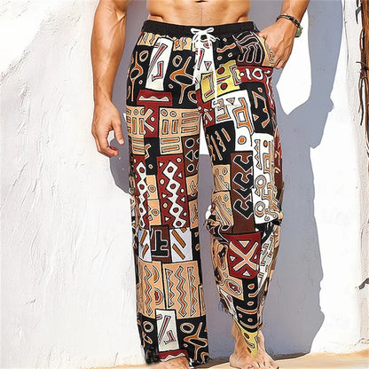 Men's Casual Patchwork Print Drawstring Straight-Leg Pants Relaxed Fit Hawaiian Vacation Trousers Comfortable And Breathable