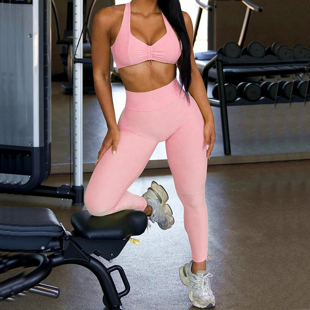 2PCS Pad Yoga Set Women Sportswear Workout Clothes Athletic Wear Gym Legging Fitness Bra Crop Top Short Sleeves Sports Suit