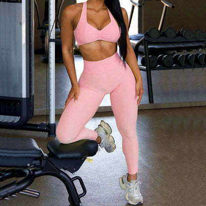 2PCS Pad Yoga Set Women Sportswear Workout Clothes Athletic Wear Gym Legging Fitness Bra Crop Top Short Sleeves Sports Suit