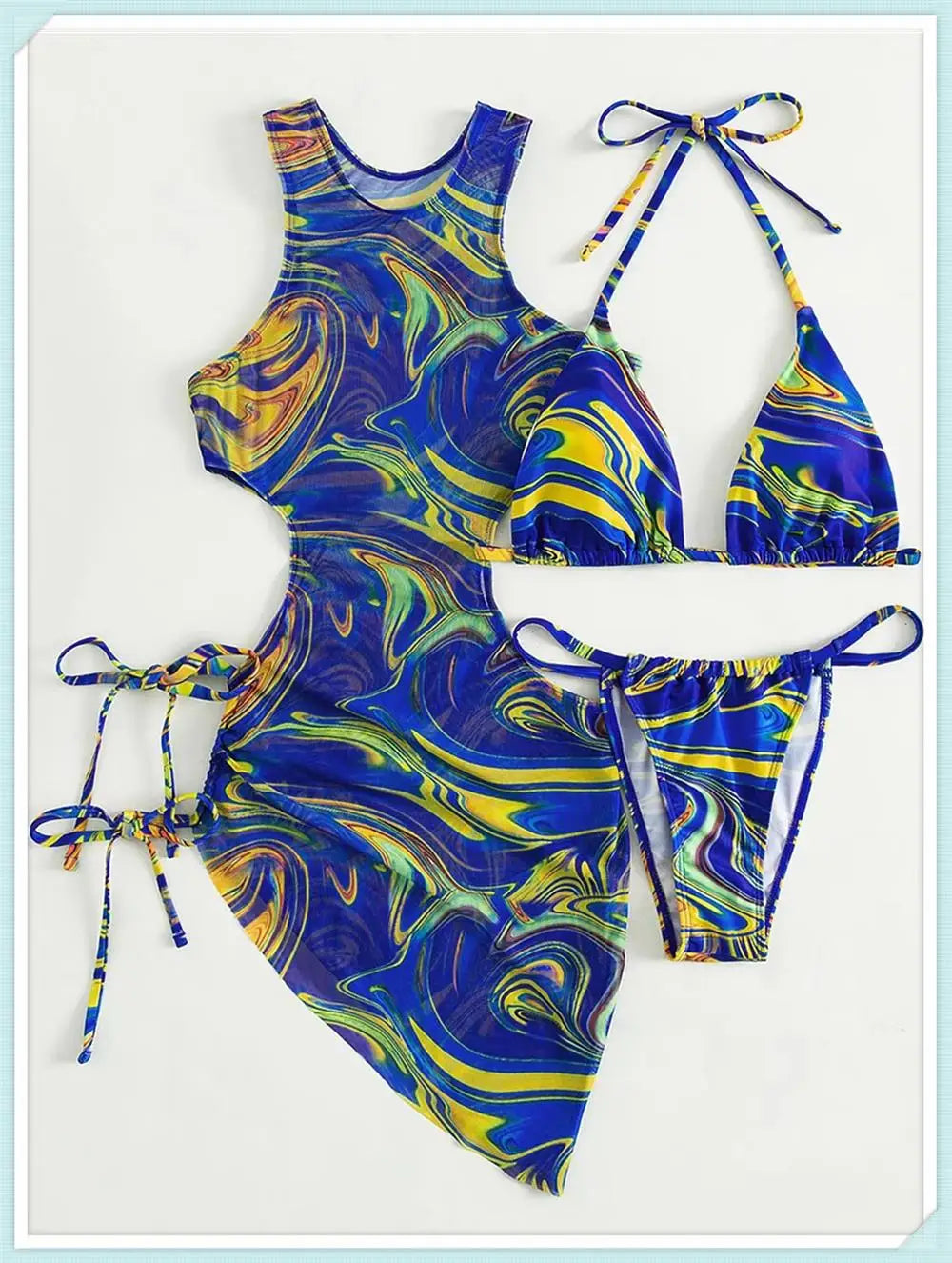 3 Piece Print Halter Triangle Bikini Sets Women Cover Up Swimwear Summer Swimsuit Female Bathing Swimming Suit Beachwear