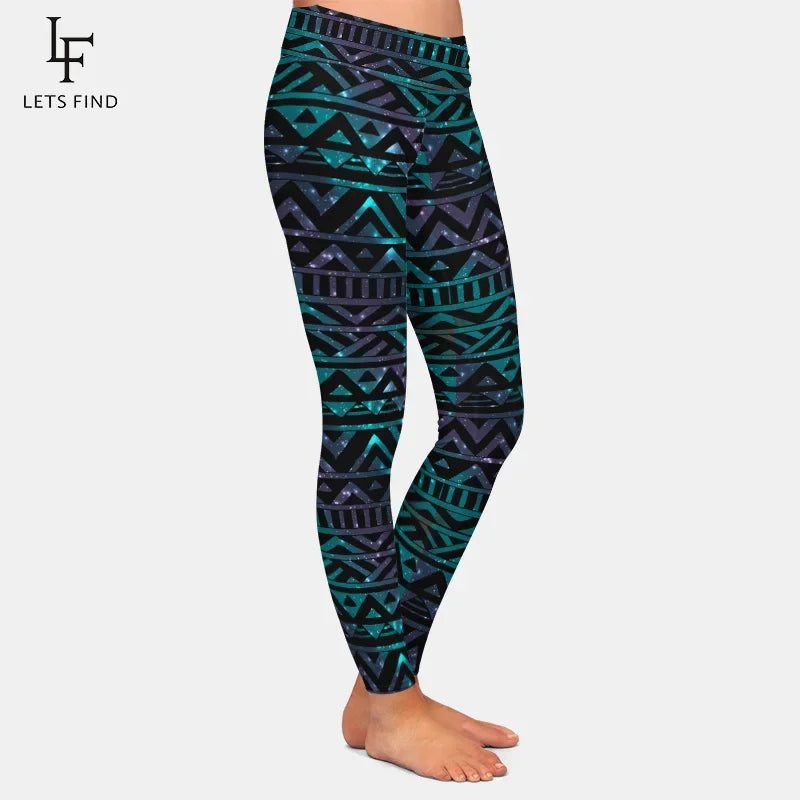 Women Black Leggings Aztec Printing High Waist High Elastic Milk Silk Fitness Leggings Yoga Pants
