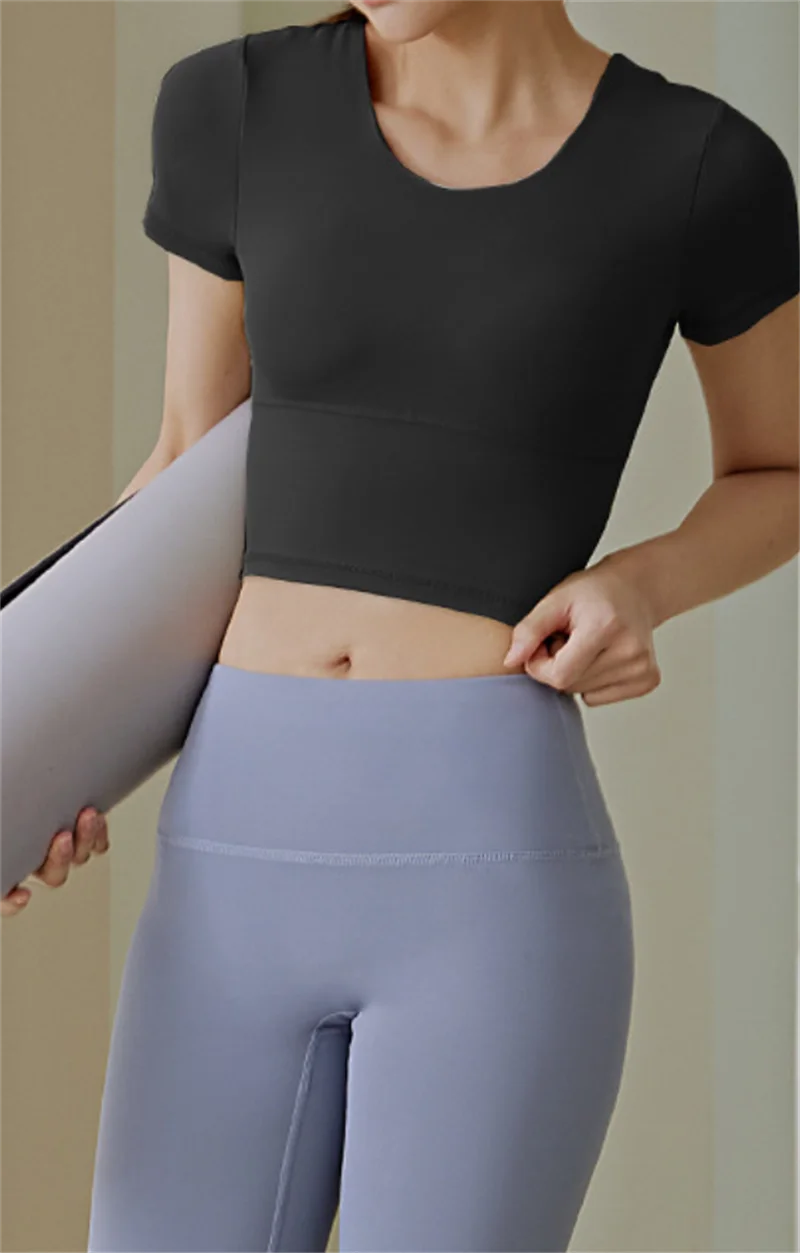 Yoga Short Sleeve with Build-in Cup Yoga Crop Tops Gym Crops Pilates Workout Top Fitness Active Wear Crisscross Back