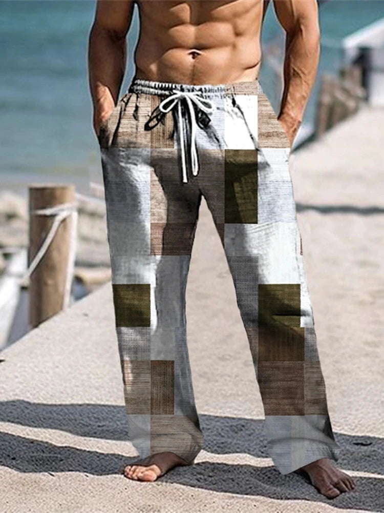 Plaid Color Block Men's Resort 3D Printed Casual Pants Trousers Elastic Waist Fit Straight-Leg Pant Summer Beach Pants 5XL