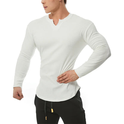 Fashion Casual Compression Shirt Large Sports Workout T-shirt Men's Elastic Long Sleeve Autumn V-Neck Gym