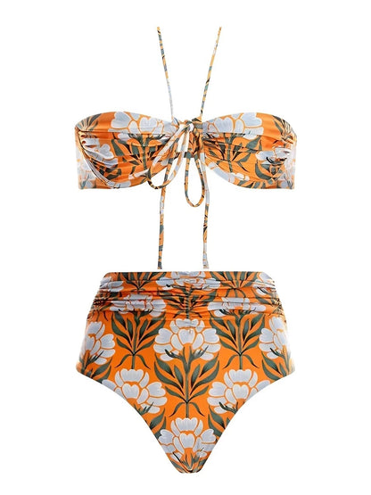Floral Halter High Waist Bikini Women Bandeau Swimwear Two Piece Swimsuit Female Beachwear Bathers Bathing Swimming Suit