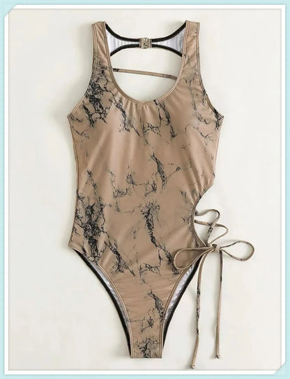 Lace Up Back Swimsuit One Piece Printed Swimwear Women Backless Bathing Swimming Suit Female Padded Beachwear Bodysuit