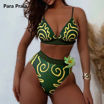 Green Print Halter Bikini Set High Waist Female Swimsuit Women Swimwear Two-pieces Thong Biquini