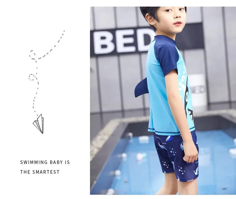 Children's Cartoon Shark Short Sleeve Split Swimwear with Swim Cap, Sun Protection Beach Wear, Baby Boys Swimsuit