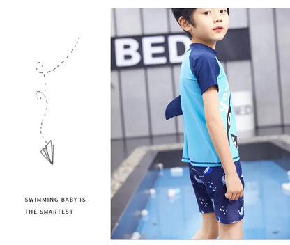 Children's Cartoon Shark Short Sleeve Split Swimwear with Swim Cap, Sun Protection Beach Wear, Baby Boys Swimsuit