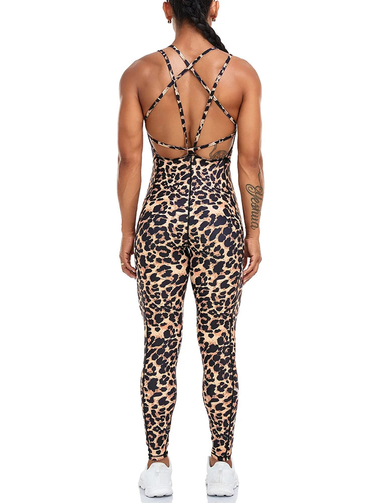 Leopard Print Bodysuit Women Backless Cross Romper Gym Athletic Active Sports One Piece Sportswear Bodycon With Chest Pad