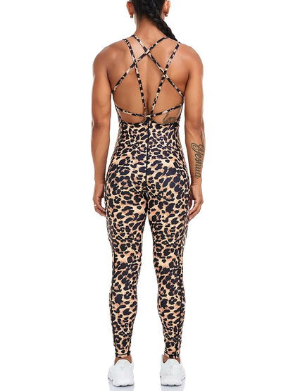 Leopard Print Bodysuit Women Backless Cross Romper Gym Athletic Active Sports One Piece Sportswear Bodycon With Chest Pad