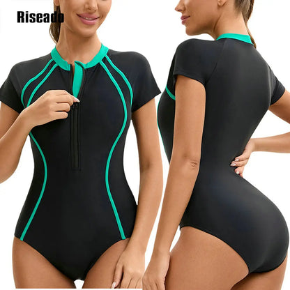 One Piece Swimsuit Mock Neck Zipper Short Sleeve Bathing Suit for Athletic beach clothes for lady