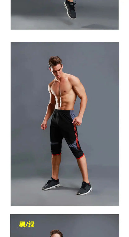 Summer Men Sports Striped Cropped Pants Fitness Running Riding Train Quick Drying Breathable Loose Thin Large Size Shorts