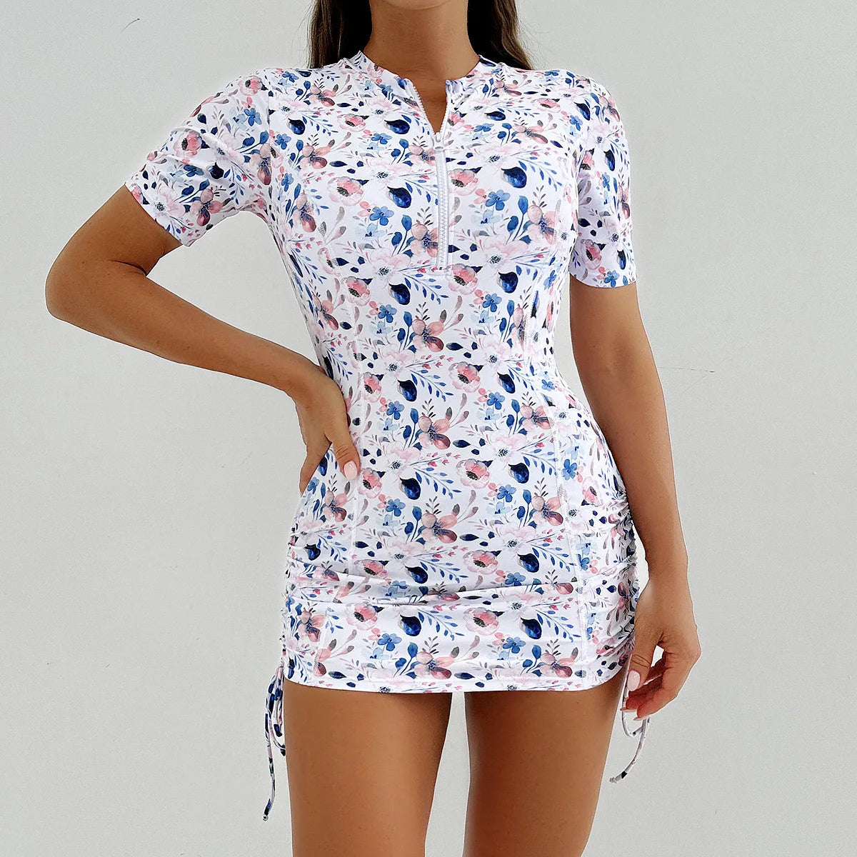 Floral Women Swimsuits Sun Protection Female Short Sleeves Swimwear Surfing Sports Pool Beachwear Two-Piece Bathing Suits