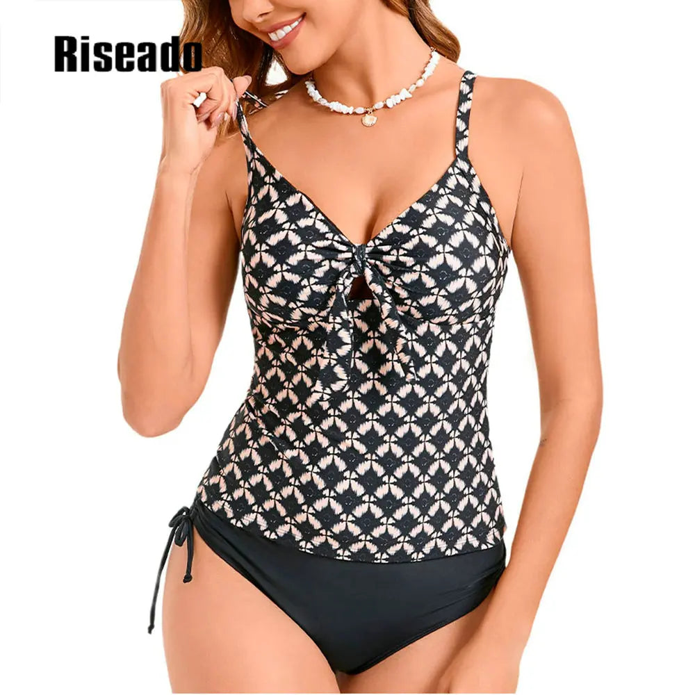 2 Piece Bikini Set Women's Tankini Swimsuits Cut Out Knot Front Tankini Top with Low Waisted Bottom Tummy Control Bathing Suit