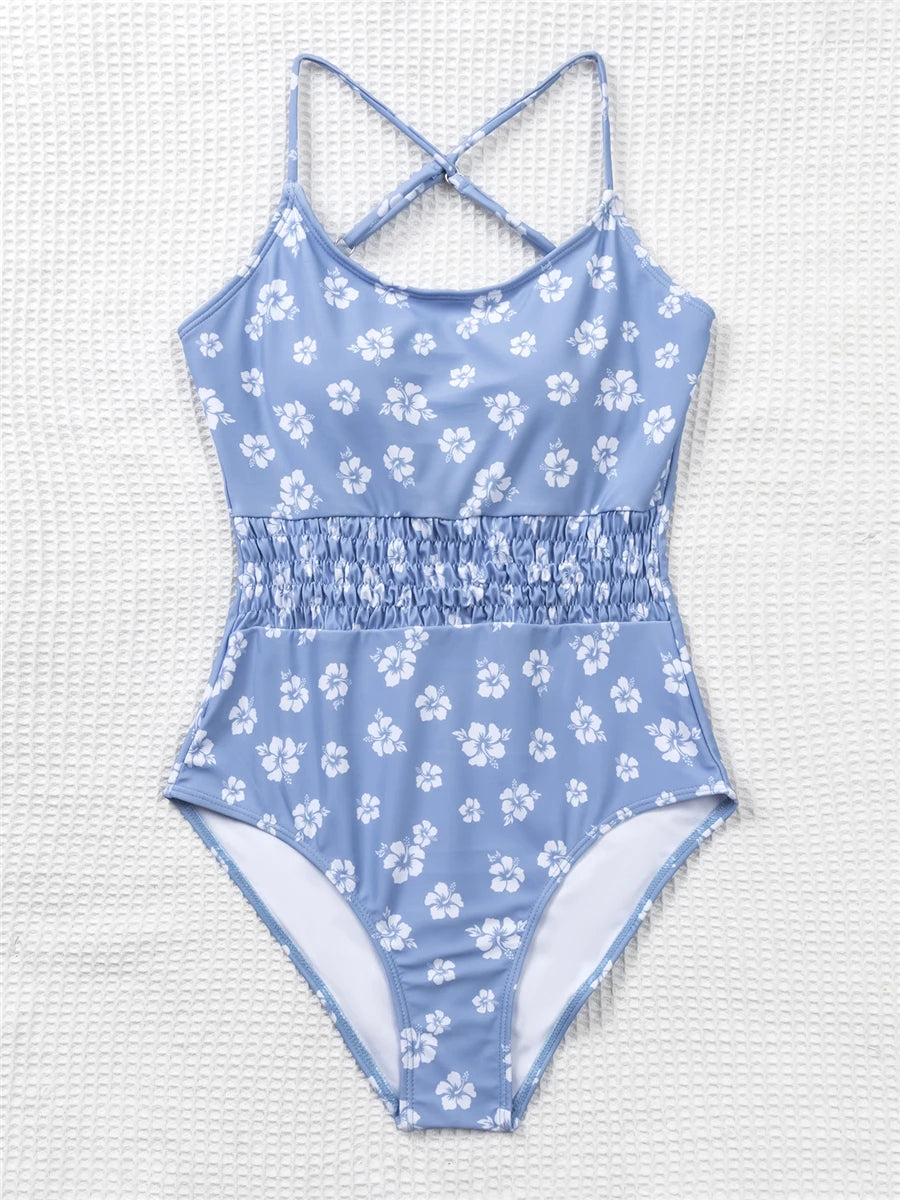 Straped Criss Back One Piece Swimsuit Vintage Swimwear Women Floral Print Bathing Suit Female Front Fold Beachwear Bodysuit