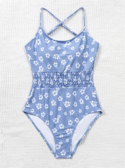 Straped Criss Back One Piece Swimsuit Vintage Swimwear Women Floral Print Bathing Suit Female Front Fold Beachwear Bodysuit