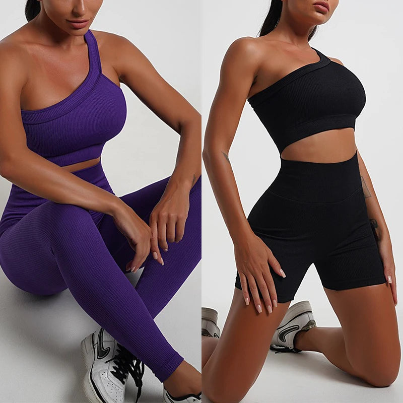 Ribbed Detachable Padded Yoga Crop Tops Women's Seamless Slanted Shoulders Tops Fitness Althetic Pilates Sportwear