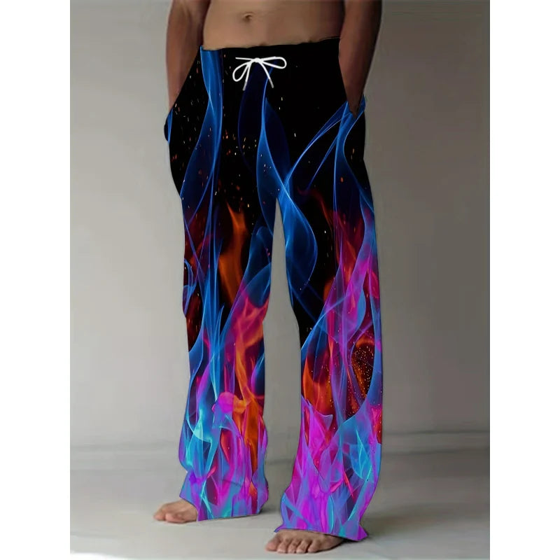 Men's Casual Pants Dynamic 3D Flame Print Straight Leg Casual Pants Waist Retro Style Street Wear