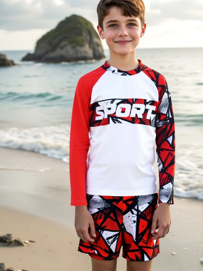 Boy Kids Swimsuit Red Print Long Sleeves Children Swimwear Summer Two Piece Shorts Beachwear Bathing Suit For Swimming