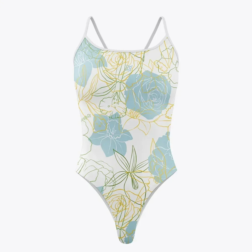 Women's Thin-Strap One-Piece Swimsuit – Floral & Palm Prints