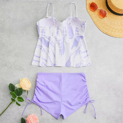 Shell Hard Wrapped Front Tankini Set Women Swimsuit Drawstring Bottom Two-Piece Suit Black/Malachite Blue/Violet
