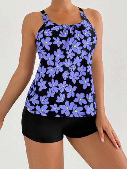 Strappy Tankini Floral Printed Swimsuit Women Two Pieces Shorts Swimwear Female Bathing Swimming Suit Beachwear Summer