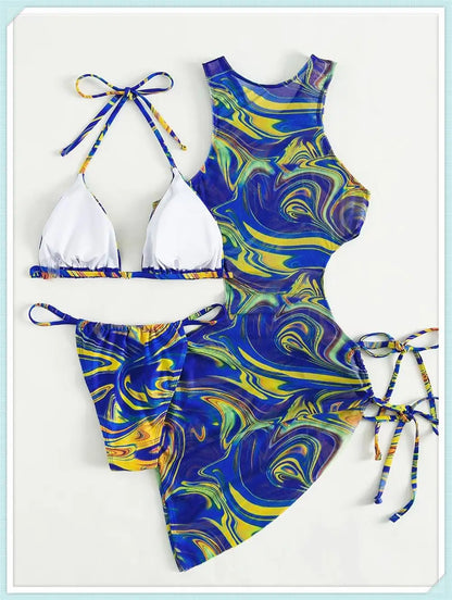 3 Piece Print Halter Triangle Bikini Sets Women Cover Up Swimwear Summer Swimsuit Female Bathing Swimming Suit Beachwear