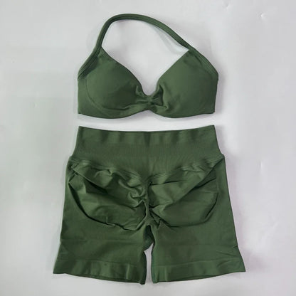2PCS Gym Set Women Strappy Yoga Bra Top High Waist Workout Scrunch Shorts Sports Suit Seamless Yoga Set Fitness Clothes