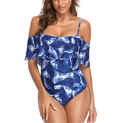 Ruffled Off Shoulder Swimwear Women One Piece Swimsuit Backless Printed Monokini Bodysuit Beachwear Bathing Suit Plus Size XXL