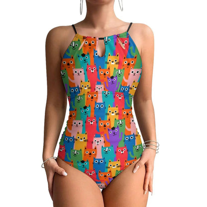Cute Cats Swimsuit Funny Animal Swimwear One-Piece Vacation Bath Design Bodysuit Halter Bathing Suit Push Up Beachwear