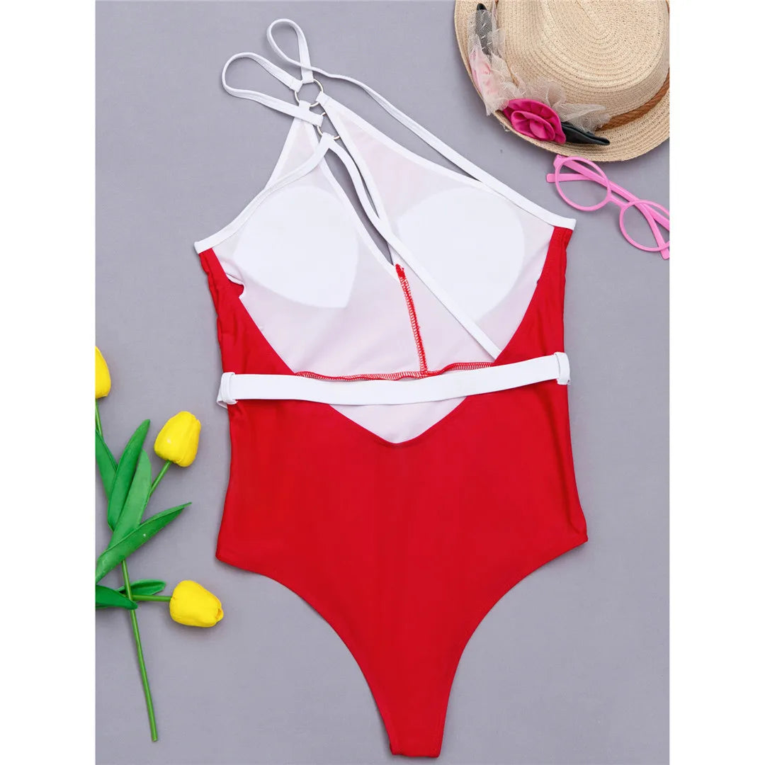 Splicing Asymmetric Backless Monokini Women Swimwear One Piece Swimsuit Female One Shoulder Bather Bathing Suit Swim