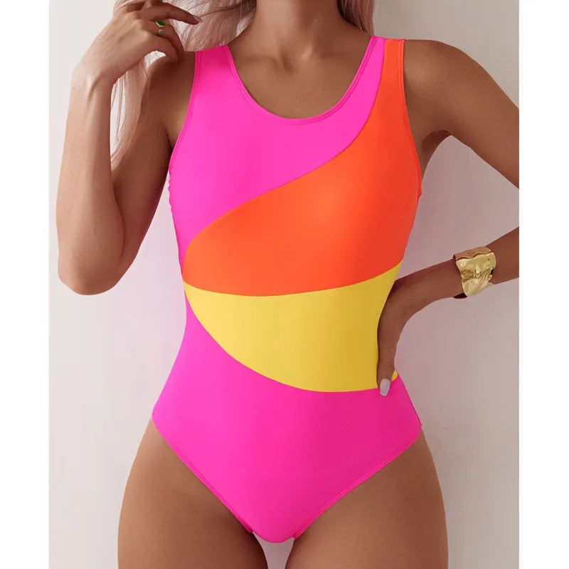 Women's Pink, Orange & Yellow Colour-Block One-Piece Swimsuit