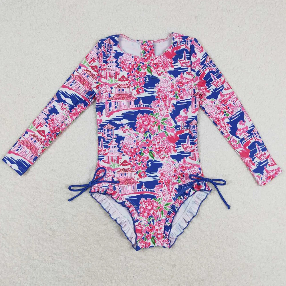 Colourful Designs Baby Girls Swimsuits Long Sleeve One Pieces Swimsuit Summer Fashion Kids Clothes Swimwear Boutique Girls Swim Clothes