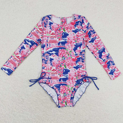 Colourful Designs Baby Girls Swimsuits Long Sleeve One Pieces Swimsuit Summer Fashion Kids Clothes Swimwear Boutique Girls Swim Clothes