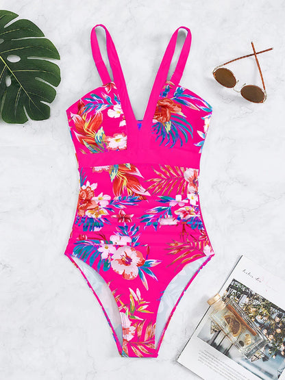 Deep V-Neck One Piece Lady Swimsuit Print Swimwear Women Bathing Swimming Suit Female Padded Beachwear Bodysuit Summer