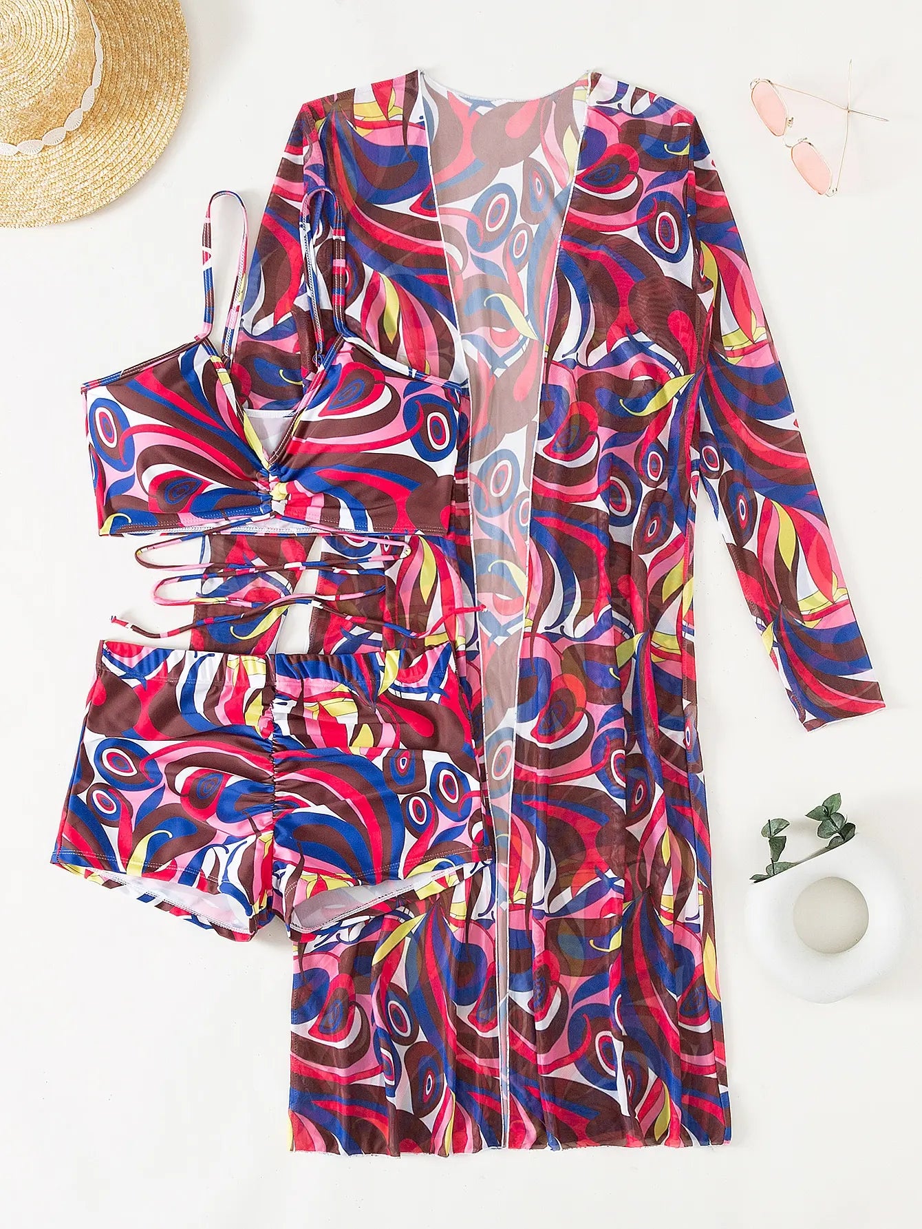 3 Pieces  Print Bikini Women High Waist Swimsuit Cover Up Swimwear Female Lady Bathing Suit Swimming Summer Beachwear