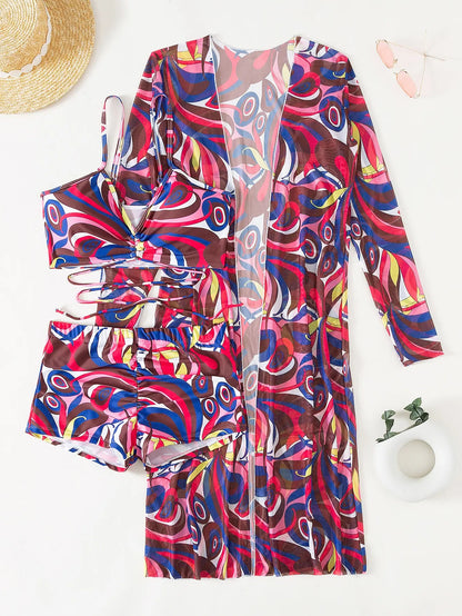 3 Pieces  Print Bikini Women High Waist Swimsuit Cover Up Swimwear Female Lady Bathing Suit Swimming Summer Beachwear