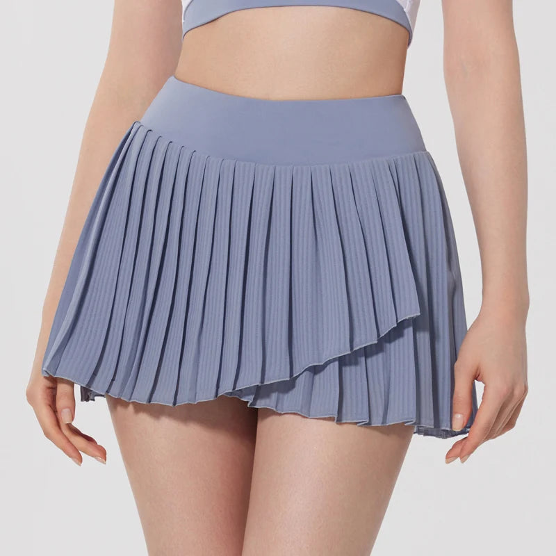 Women's High-Waisted Asymmetric Tennis Skirt with Built-In Shorts