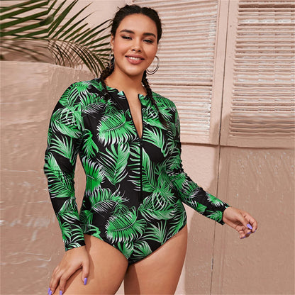 Summer Women Plus Size Large Bikini Long Sleeved Triangle Shorts Rash Guards Surfing One Piece Suit Snorkeling Swimwear