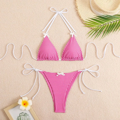 Plaid Bikini Sets Bowknot Little Lattice Printed Swimsuit Beach Pool Vacation Adjustable Lacing Bikini Suit