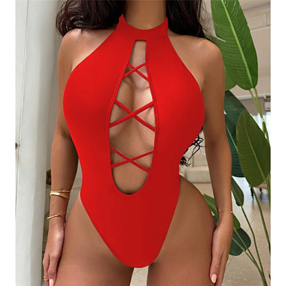 S - XL 7 Colors Lace Up High Neck Full Back Women Swimwear One Piece Swimsuit Female High Leg Cut Bather Bathing Suit Swim