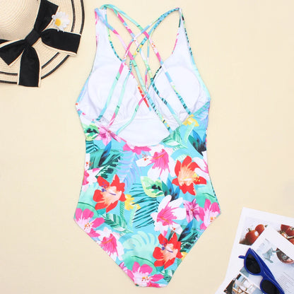 Women Printed One Piece Swimwear Backless Swimsuit V Neck Summer Beach Wear Slimming Bathing Suit S~XXL