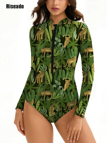 Riseado Women's One Piece Swimsuits Long Sleeve Rash Guard UV Protection Leopard Surfing Swimsuit Bathing Suit
