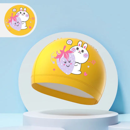 Children's Swimming Caps Boys Girls Kids Cartoon Swim Hat High Elastic Ear Protection PU Waterproof Swimming Cap