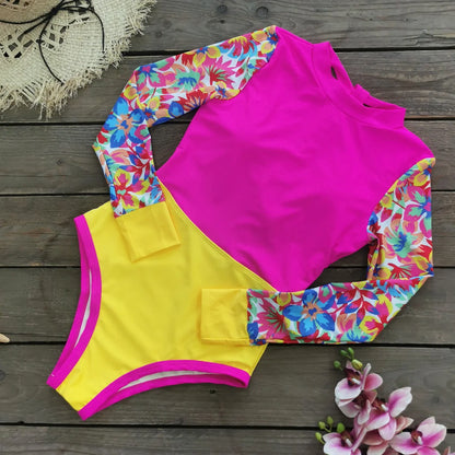Patchwork One-Piece Swimsuit Long Sleeve Swimwear Sports Backless Women's Swimming Bathing Suit Beach Wear Bather Surfing