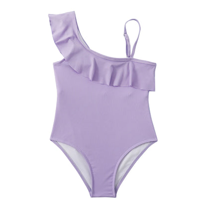 Purple Ruffle Girls One Piece Swimsuit 7-12 Year Kids Swim Suit Bodysuit Children's Swimwear Bathing Suits Beach