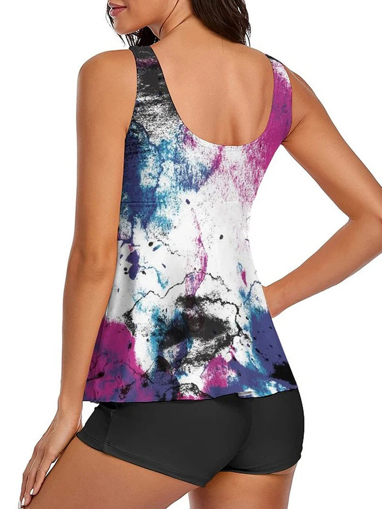 Bathing Suit Women Tie Dye Print Split Swimsuit Tankini Backless Lace Up Beachwear Thongs Summer Tankini Bathers