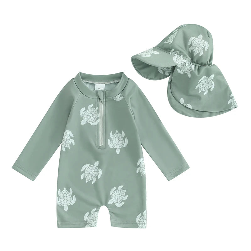 Baby Boy Swimming Suit Baby Swimsuit 3 6 12 18 24M 2T 3T Infant Toddler Boys Swimwear Zipper Long Sleeve Rash Guard with Hat
